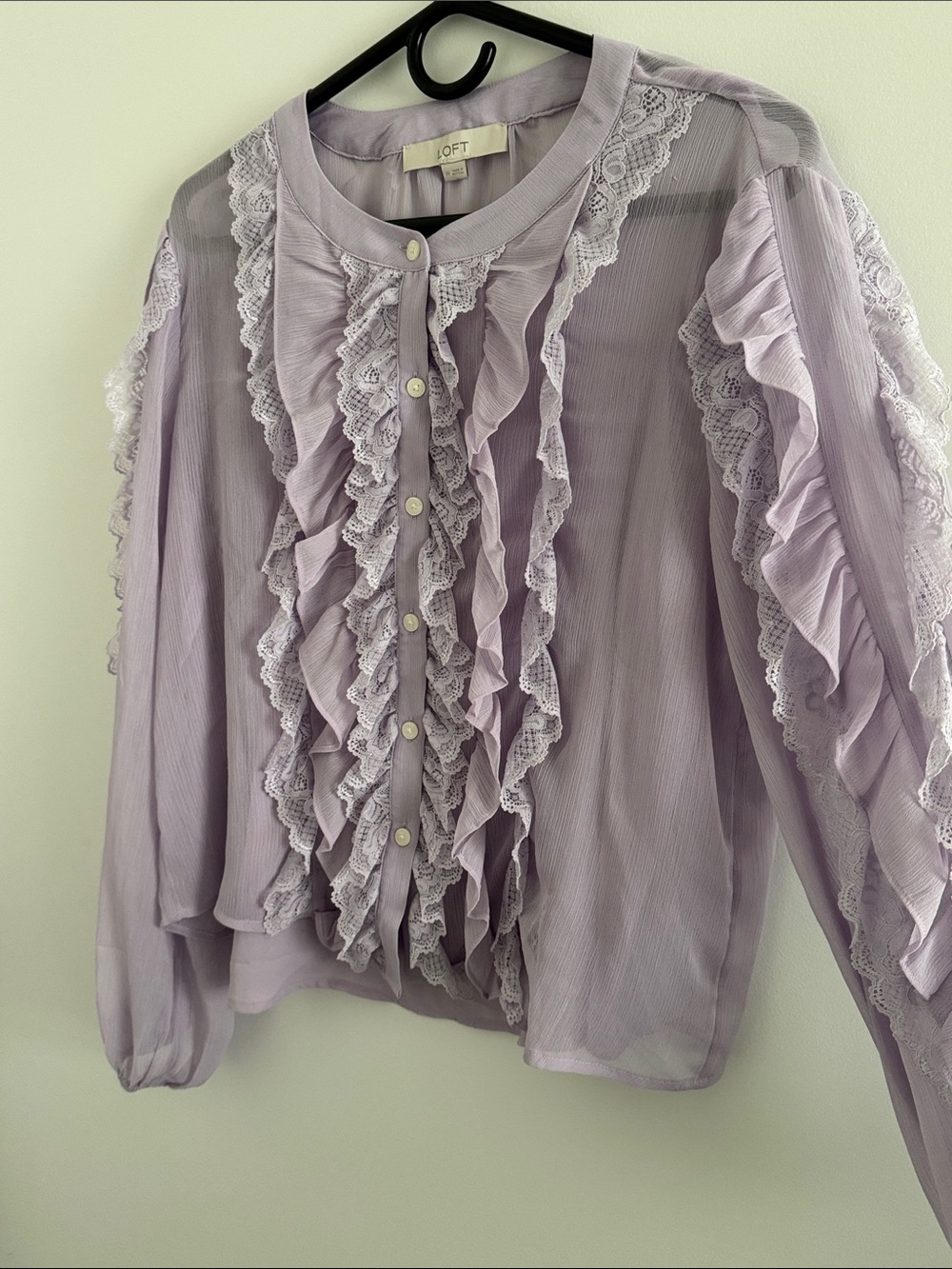 LOFT Lilac Ruffle Lace Button-Front Blouse - Picture 7 of 11